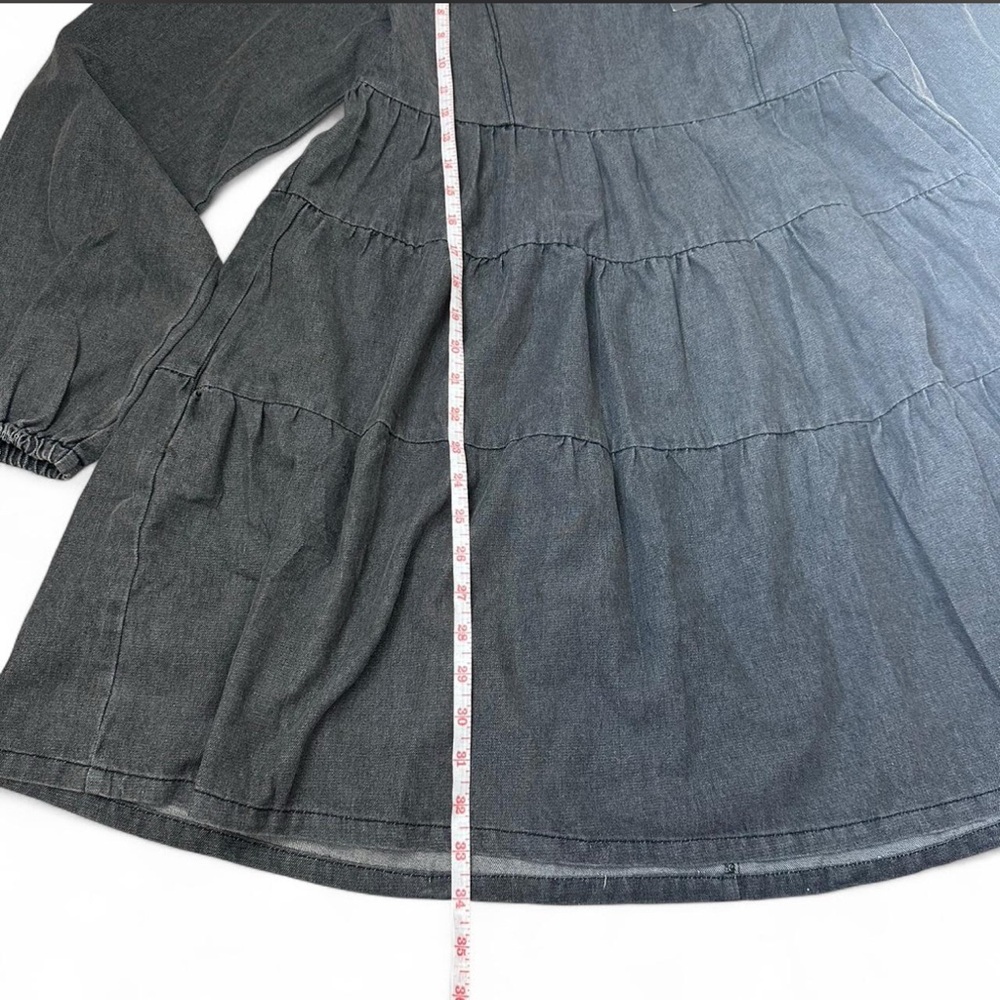 Square Neck Dark Wash Tiered Long Sleeve Denim Dress L - Picture 6 of 9